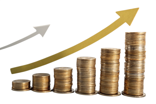 Increasing stacks of golden coins with a smooth upward green arrow, representing financial success and growth with an environmentally positive connotation, isolated on a transparent background