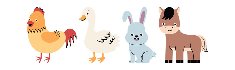 Cartoon illustration of a set of cheerful farmyard animals, including a chicken, duck, rabbit and horse, isolated on a white background.