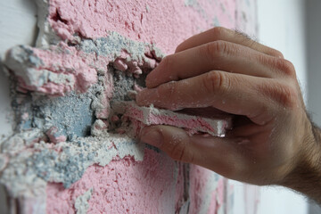 Person plastering a wall, tools in hand. Room under renovation with ladder and paint cans nearby. Sunlight casts shadows on the floor.
