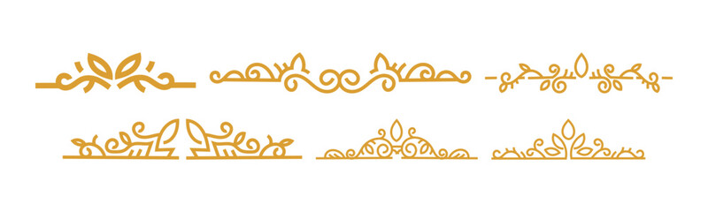 A set of six decorative golden dividers with ornate flourishes, vintage swirls, and artistic embellishments, perfect for adding elegance to any design.