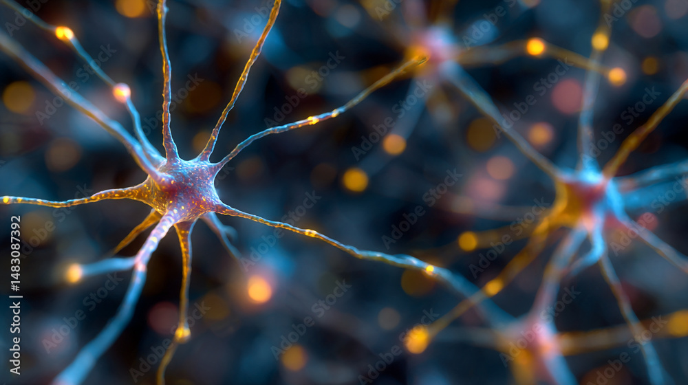 Poster microscopic view of neuron network detailed complex structure of brain cells neural connections abst