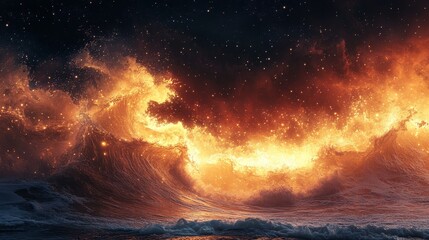 Fototapeta premium Fiery cosmic waves crashing across the night sky.