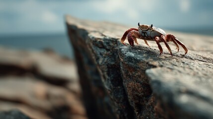 Fototapeta premium Crab balancing on thin rock ridge coastal area wildlife photography natural environment close-up balance and precision