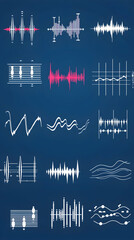 Obraz premium Audio waveforms visualization; sound editing software interface; frequency analysis; digital music production; background is dark blue