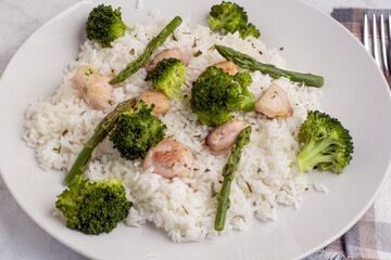rice  and chicken with broccoli , asparagus and parsley