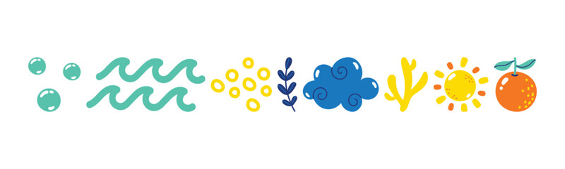 A cute and colorful illustration featuring weather elements: water bubbles, waves, yellow dots, branches, cloud, sun, and an orange fruit. Perfect for designs.