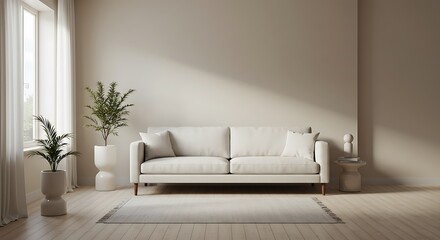 Serene Minimalist Living Room: Soft Light, Neutral Tones, and Modern Sofa