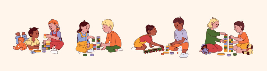 Children playing with toy train blocks teddy and doll in cozy baby room. African American boys and girls. Diverse group of happy kids. Flat colorful vector illustration on white background