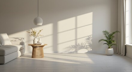 Serene Minimalist Living Room: Sunlit Space with Wooden Accents