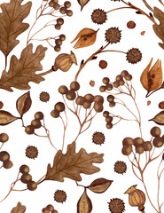 Seamless Autumn Botanical Pattern – Hand-Painted Gouache Leaves and Seeds - PNG - transparent background 