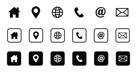 Contact Us Icons Home, Location, Globe, Phone, Email, At Symbol - Vector Graphics