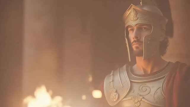 Ancient warrior in armor with firelight scene  
