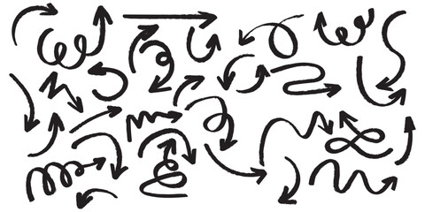 Crayon arrow sketches collection - hand drawn doodle style pointers, curved lines, round swirls. Chaotic scribbling, artistic design elements set. Black grunge brush strokes isolated on white bg