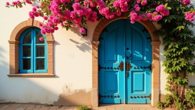 Turquoise Blue Door with Pink Flowers – Charming Mediterranean Floral Exterior

 - Powered by Adobe