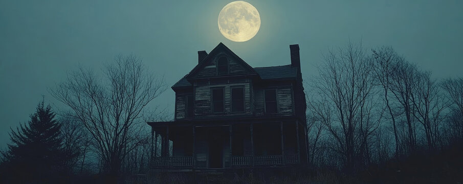 Spooky haunted house in the dark illuminated by the moon, creepy architecture, mysterious atmosphere