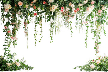 Floral garland with roses and greenery decoration hanging wedding archway decoration isolated on transparent background