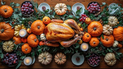 Roasted turkey centerpiece on rustic Thanksgiving table with pumpkins, grapes, and candles.