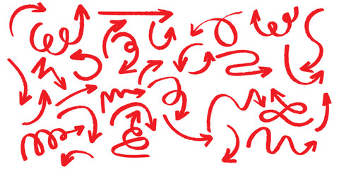 Crayon arrow sketches collection - hand drawn doodle style pointers, curved lines, round swirls. Chaotic scribbling, artistic design elements set. Black grunge brush strokes isolated on white bg