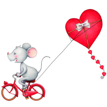 little mouse running by cycle with a heart shape kite