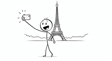 Stick Figure Taking Photo Near Famous Tower Landmark