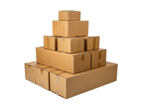 Stacked cardboard boxes arranged in a pyramid shape.