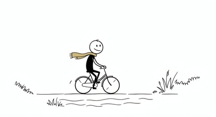 Obraz premium Stick Figure Cycling with Scarf Along a Path Illustration