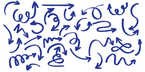 Crayon arrow sketches collection - hand drawn doodle style pointers, curved lines, round swirls. Chaotic scribbling, artistic design elements set. Black grunge brush strokes isolated on white bg