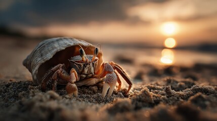 Crab hiding in shell quiet beach wildlife photography sunlit environment close-up view nature's serenity