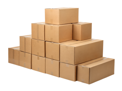 A stack of brown cardboard boxes arranged in a pyramid shape.