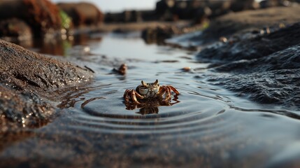 Crab foraging in low tide puddle coastal beach wildlife photography tranquil environment close-up view nature exploration