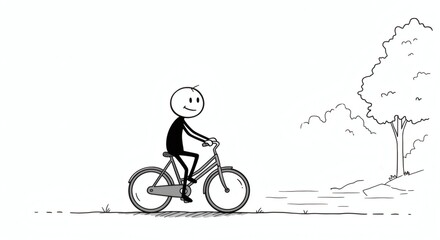 Obraz premium Stick Figure Riding Bicycle in Simple Landscape Drawing