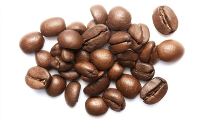 Close-up of scattered coffee beans on white background, showcasing rich brown color and textured surface, highlighting freshness and natural quality of roasted coffee beans for brewing.