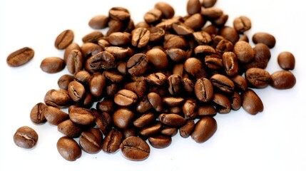 Obraz premium Close-up of scattered coffee beans on white background, showcasing rich brown color and textured surface, highlighting freshness and natural quality of roasted coffee beans for brewing.
