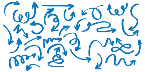 Crayon arrow sketches collection - hand drawn doodle style pointers, curved lines, round swirls. Chaotic scribbling, artistic design elements set. Black grunge brush strokes isolated on white bg