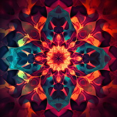 Stunning vibrant kaleidoscope pattern with intricate symmetrical geometric shapes, vivid gradients, and dynamic composition in 8k resolution. Professional quality ideal for backgrounds, textiles, prin
