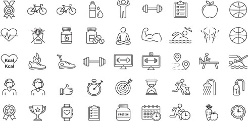 Fitness Line Editable Icons set. Vector illustration of modern thin line style icons of the components of an active lifestyle: types of physical activity, proper nutrition, and sports equipment. 