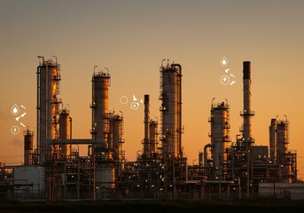 Fototapeta premium 夕焼け空の下 巨大な精油所 輝くパイプライン 未来都市シルエット