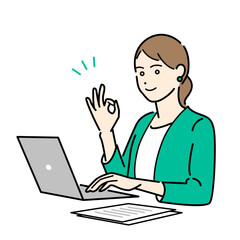 オッケーサインをしたパソコン作業中のビジネススーツ着用の女性のシンプルな上半身ベクターイラスト
