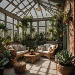 Greenhouse-style sunroom with a succulent feature wall and wicker furniture.