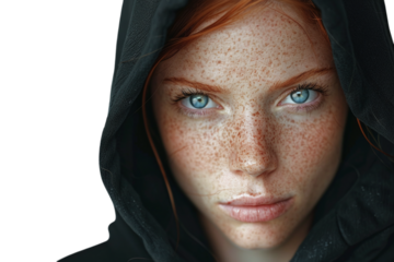 Portrait of a Young Woman with Freckles and Intense Gaze Wearing Black Hood Varient 3