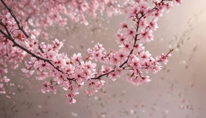 Obraz premium Delicate pink sakura petals drift on a soft-focus background of a blossoming sakura tree , sakura, background