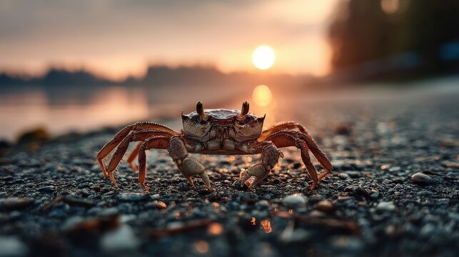Crab in soft haze coastal shore wildlife photography backlit sky close-up shot nature's serenity