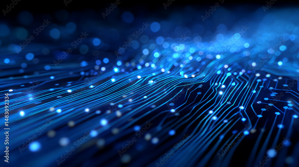 Poster abstract blue digital circuit board technology background with glowing lines and dots digital networ
