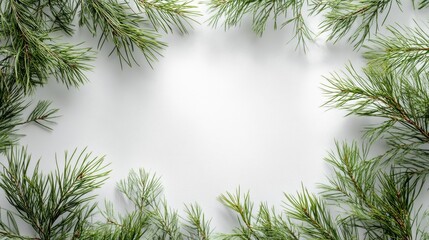 Obraz premium Fresh evergreen sprigs form a delicate border on a light background.