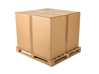 Large cardboard box secured with tape sits on a wooden pallet.