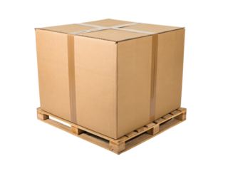 Large cardboard box secured with tape sits on a wooden pallet.
