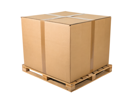 Large cardboard box secured with tape sits on a wooden pallet.