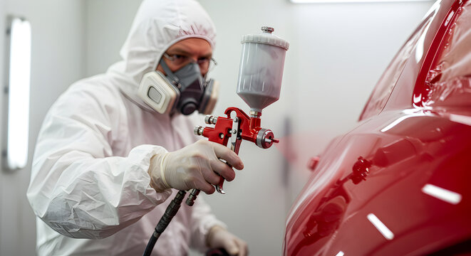 Man in White Suit Spraying Red Car with Precision in Bright Automotive Booth for Repair and Paint Service