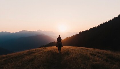 Obraz premium Silhouette rider on horse at sunset mountain