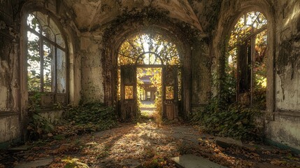 Naklejka premium Sunlit interior of a decaying mansion.